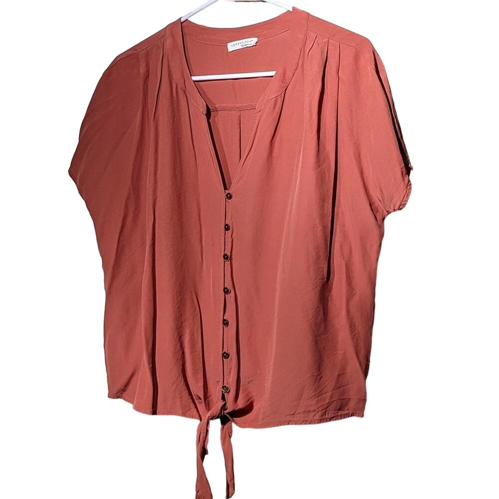 Lovestitch Brick V-Neck Button Up Tie Front Short Sleeve Blouse Womens Sz L